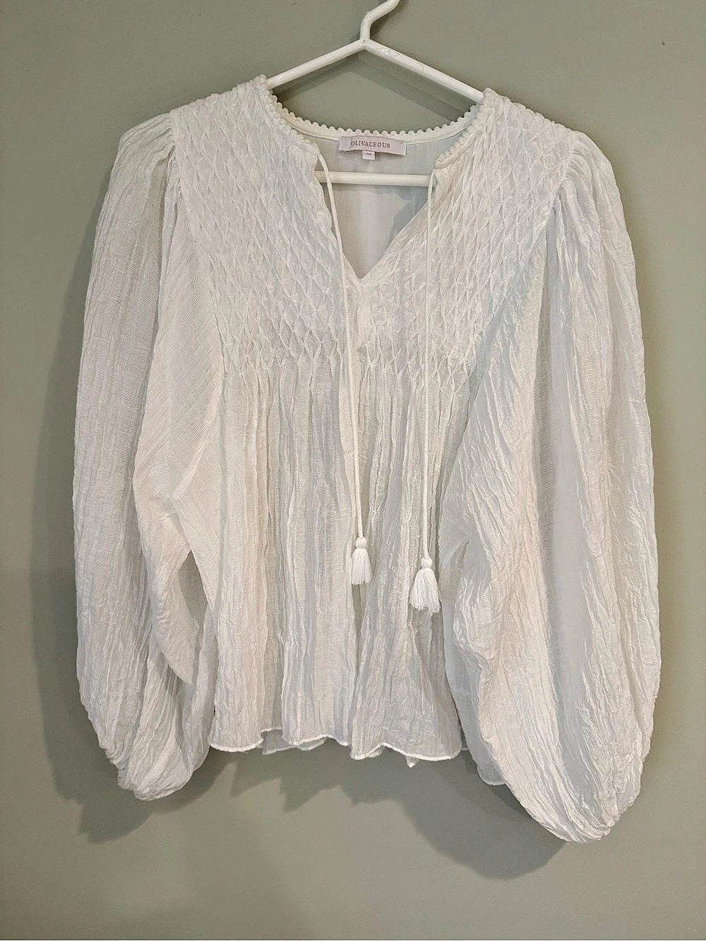 Olivaceous White Textured Balloon Sleeve Boho Blouse Size M